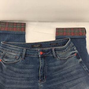 Judy Blue Jeans Womens 16W Relaxed Light Wash Ankle Roll Cuff Stretch Plaid Red